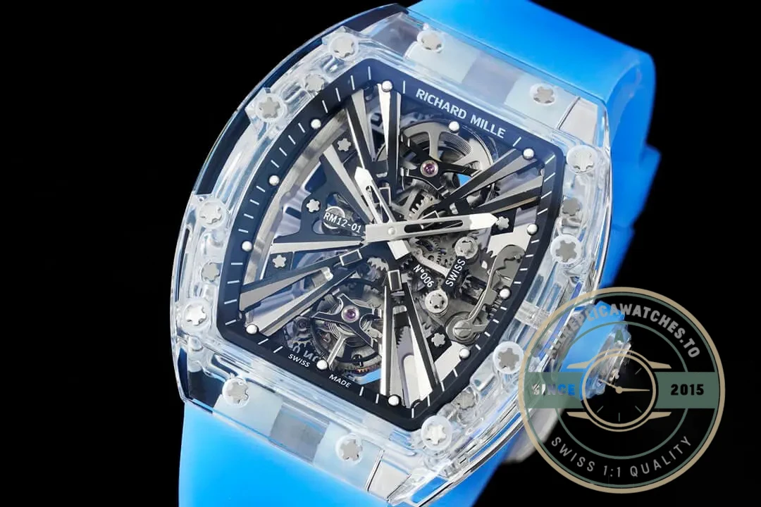 Replica Richard Mille12-01 Tourbillon Transparent Blue Strap - Image 4