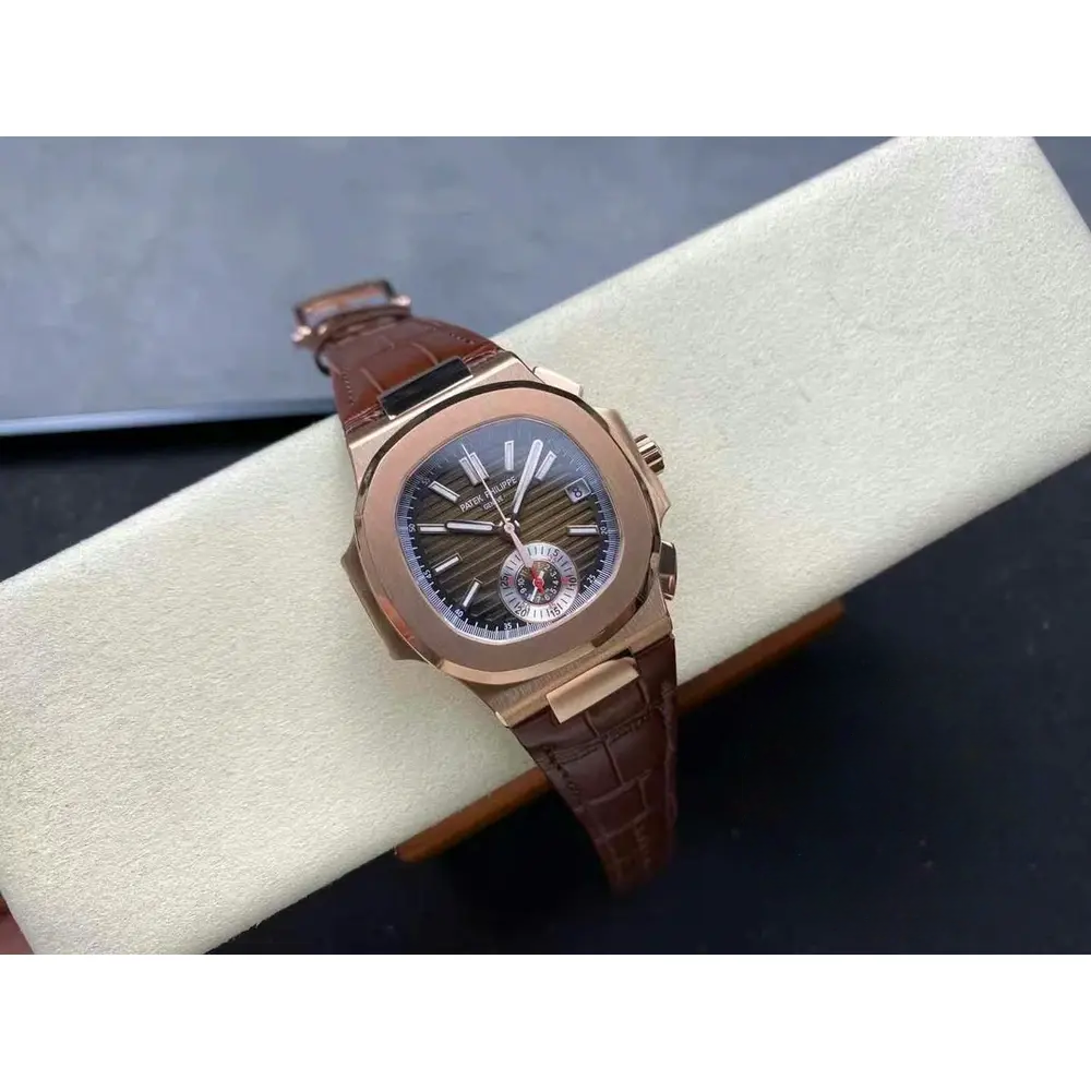 Swiss Replica Patek Philippe Nautilus 5980-2R Leather Strap 40.5mm Brown Dial - Image 4