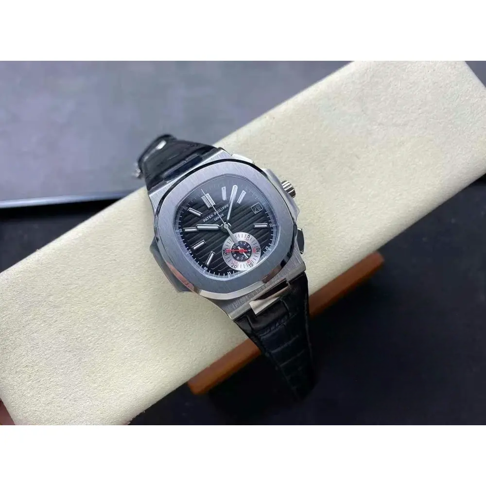 Replica Patek Nautilus 5980-6R White Gold 40.5mm Black Dial, Leather Strap - Image 3
