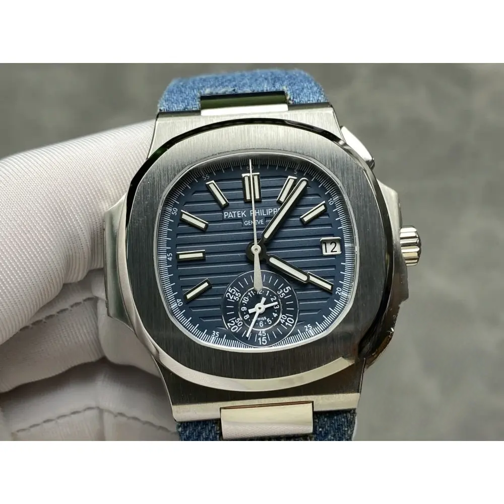 Replica Nautilus 5980/60G-001 Patek Philippe Flyback chronograph, Date 40.5 mm, White gold, Denim - Image 3