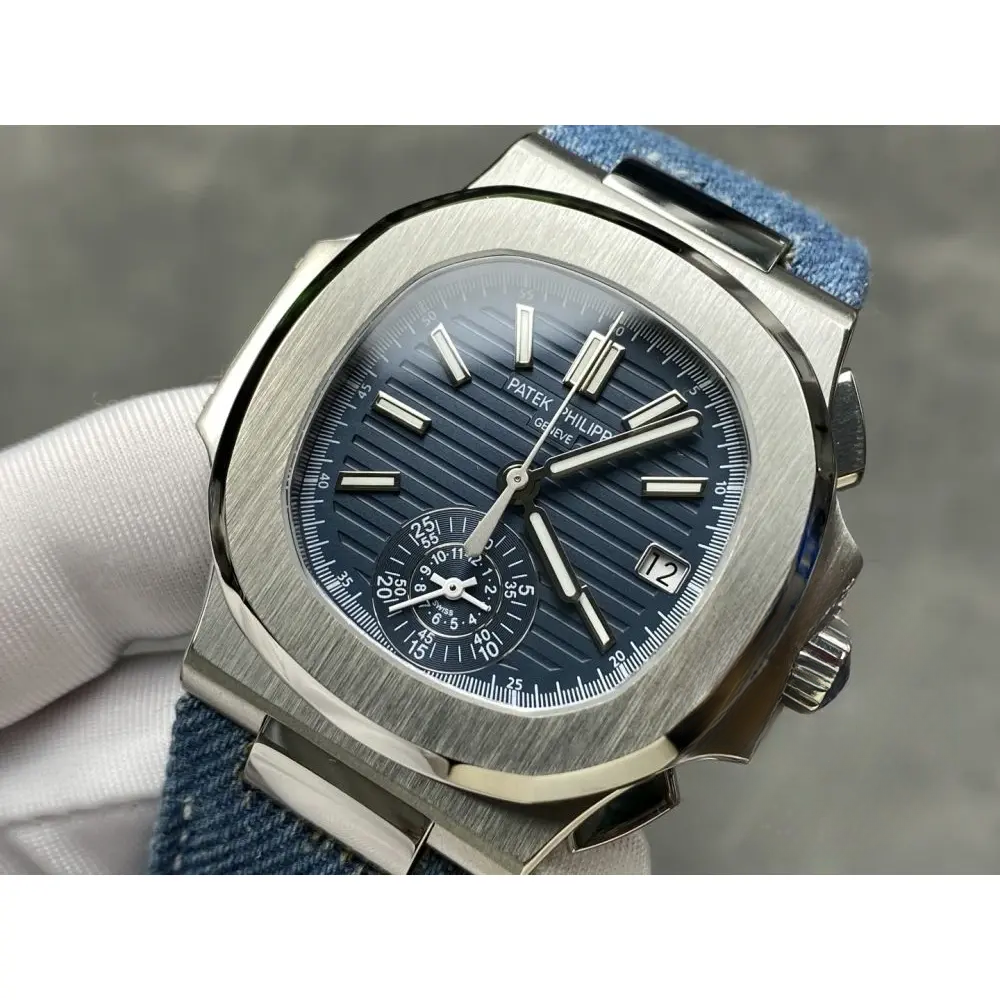 Replica Nautilus 5980/60G-001 Patek Philippe Flyback chronograph, Date 40.5 mm, White gold, Denim - Image 6