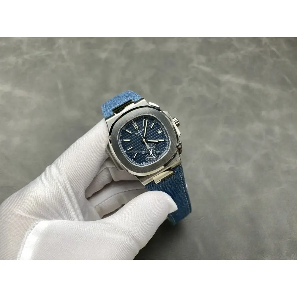 Replica Nautilus 5980/60G-001 Patek Philippe Flyback chronograph, Date 40.5 mm, White gold, Denim - Image 2