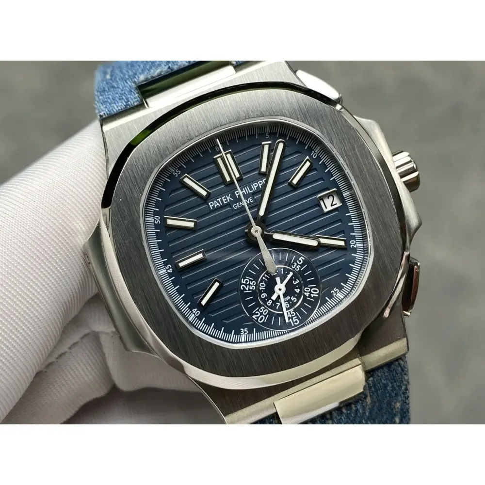 Replica Nautilus 5980/60G-001 Patek Philippe Flyback chronograph, Date 40.5 mm, White gold, Denim - Image 4