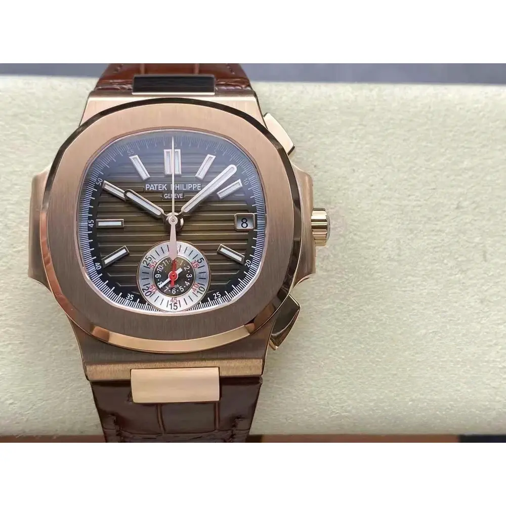 Swiss Replica Patek Philippe Nautilus 5980-2R Leather Strap 40.5mm Brown Dial - Image 2