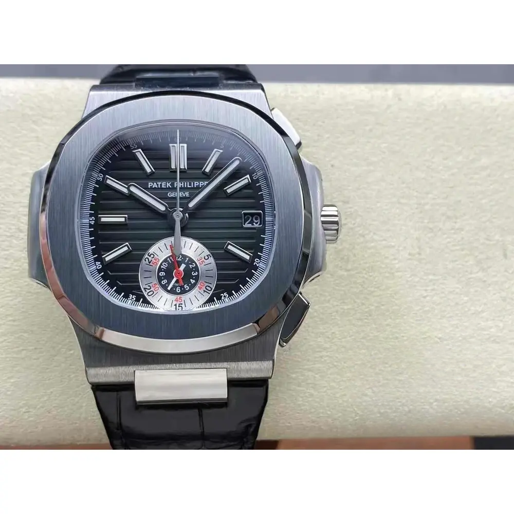 Replica Patek Nautilus 5980-6R White Gold 40.5mm Black Dial, Leather Strap - Image 2